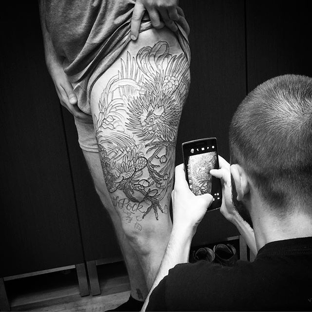Mr @davidmaiertattoos had a VERY busy day lining this monster tattoo. #cockfight Call 250-361-1952 to book.