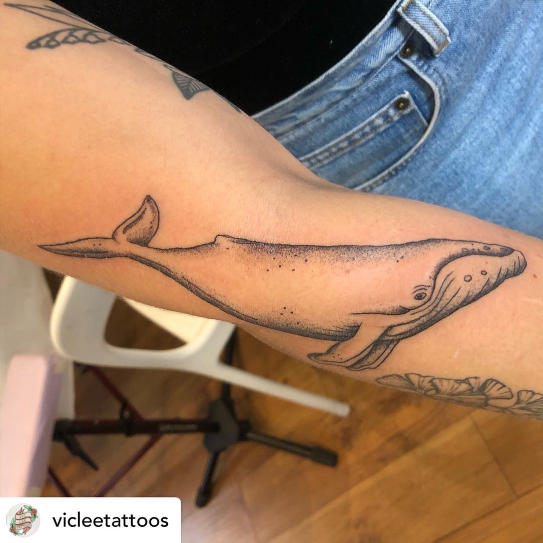 Tattoo by apprentice @vicleetattoos Really pleased with this whale in Jessica’s arm! Look it swims! Thanks again! #whaletattoo #greatbluewhale #delicatetattoo #blackandgrey #stippleshading #tattooapprentice #apprenticetattooer #transtattooartist #nonbinarytattooartist #victoriabc