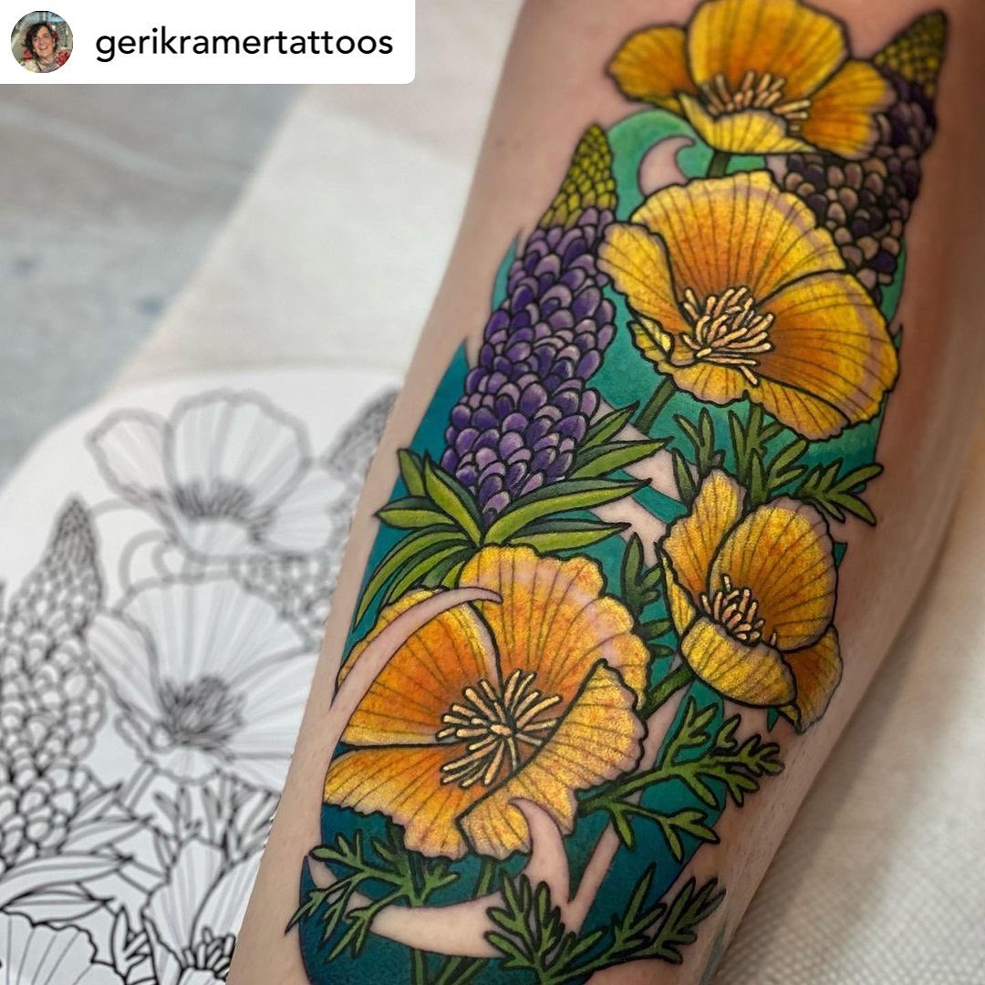 • @gerikramertattoos This was such a perfectly simple request. “California poppies, maybe something else” - so I got to really run with it a bit, which is always kind of fun. There’s a certain joy I get in creating something with almost no direction - but don’t get me wrong - I absolutely do need a direction to start. I’ve always look at our collaborations the same way I look at motorcycle trips. We plan where we start, and where we want to finish, but how we get there is a little bit open. I think it’s the best way to really see where we can end up, and sometimes the new things we discover end up having the most value.+++++++++++++++++++My books are closed to new submissions, because you have all completely overwhelmed me with really great projects!! They will not be reopening until February 2022. Thank you for your continued trust. 🤩........#TransTattooer #TransTattooArtist#TransTattooArtists #Transgender #Trans #Transtttism #yQueerTattooer #TransWoman #QueerTattooArtist #QueerArtist #qttr #VictoriaTattooer #VictoriaTattooArtist#VictoriaBC #WeLoveTattooingYou #TattooZoo