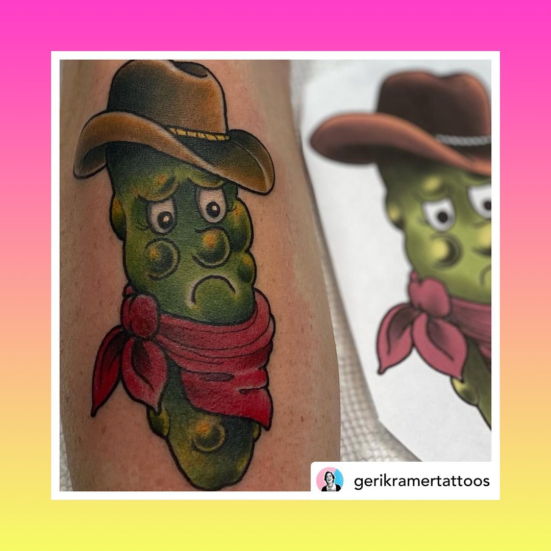 Tattoo by @gerikramertattoos Sometimes you’re a sad cowboy, just mad at the world. And you’re also a pickle.I got to make this based off of one of @angiedifrantattoos valentines flash pieces and I obviously had the greatest time doing it.What a wild year 2022 has been so far. I can’t wait to see how the rest of it plays out. +++++++++++++++++++Thank you for your continued trust. My books a closed for now, it I’ll be reopening them in a couple months. The best way to stay in the loop is to be a part of my mailing list! Sign up via the link at GeriKramer.com 🤩........#TransTattooer #TransTattooArtist#TransTattooArtists #Transgender #Trans #Transtttism #QueerTattooer #TransWoman #QueerTattooArtist #QueerArtist #qttr #VictoriaTattooer #VictoriaTattooArtist#VictoriaBC #WeLoveTattooingYou #TattooZoo