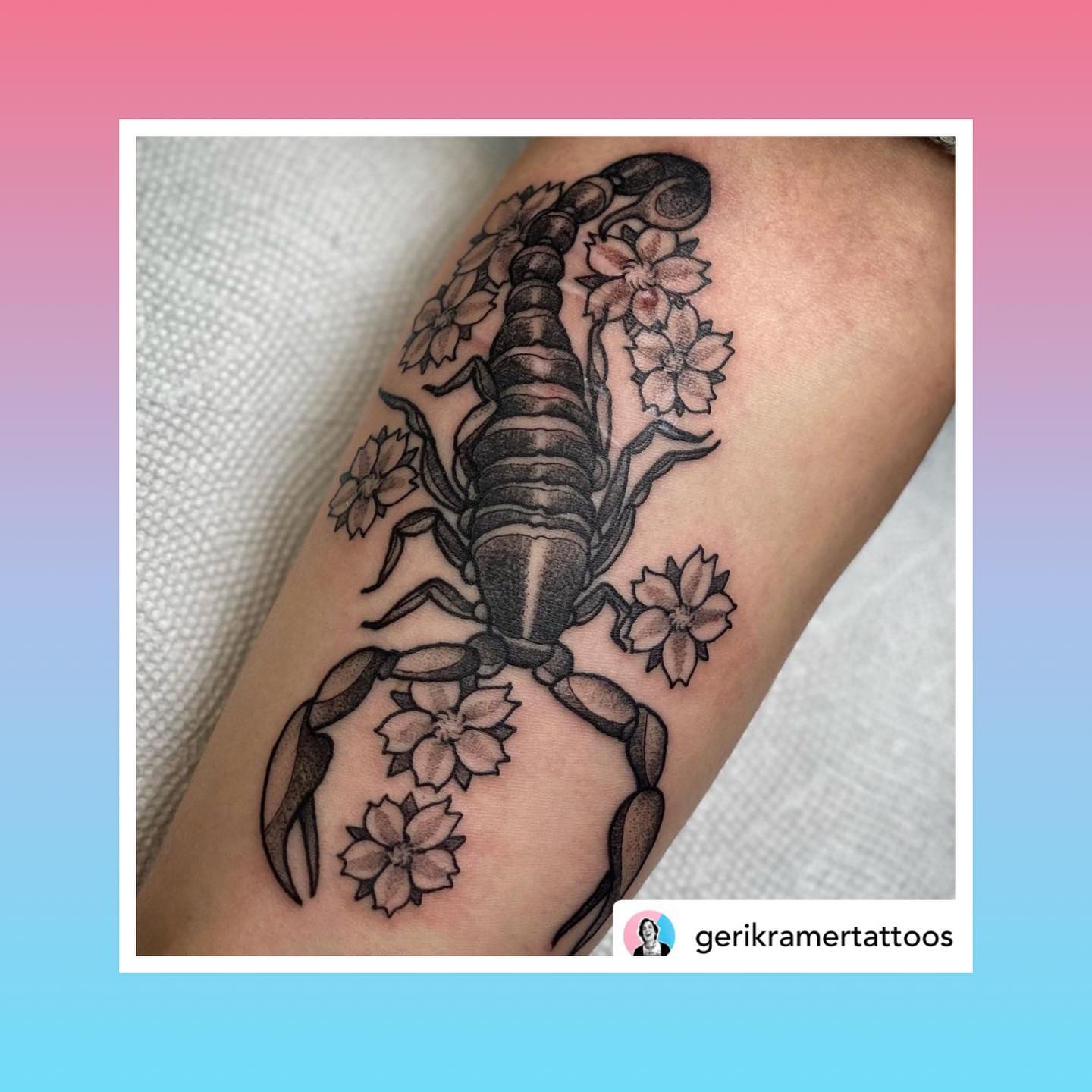 Tattoo by @gerikramertattoosAs someone born deep in the month of October (🏻) I feel a special connection with scorpions. They’re my star sign!!! How could I not?!?! 🦂 When I was 13 years old I was gifted a scorpion paperweight from a relative in Arizona. It is essentially of lump of epoxy with a dead arachnid inside, but I loved it and I kept it. Oh, how I kept it.That lump of epoxy has made every move I did, has seen every relationship - spent every minute of its existence in my possession.And I still have it! It sits on a display shelf in my bedroom, watching over me while I sleep.So while I’m terribly afraid of spiders - to the point of paralysis when I see them unexpectedly - not my sweet baby epoxy scorp. I love that little guy with my whole heart.Making this tattoo had us connecting over our shared love of our paperweights (yes - they had one also!!) and I wouldn’t have it any other way. This predrawn design from my up-for-grabs highlight found exactly the right person, and I’m so glad I got to be a part of it. ️***********My books will be reopening mid July. Be sure to sign up for my mailing list so you don’t miss it! Link in my bio. 🥰........#TransTattooer #TransTattooArtist#TransTattooArtists #Transgender #Trans #Transtttism #QueerTattooer #TransWoman #QueerTattooArtist #QueerArtist #qttr #LadyTattooer #VictoriaTattooer #VictoriaTattooArtist#VictoriaBC #WeLoveTattooingYou #TattooZoo
