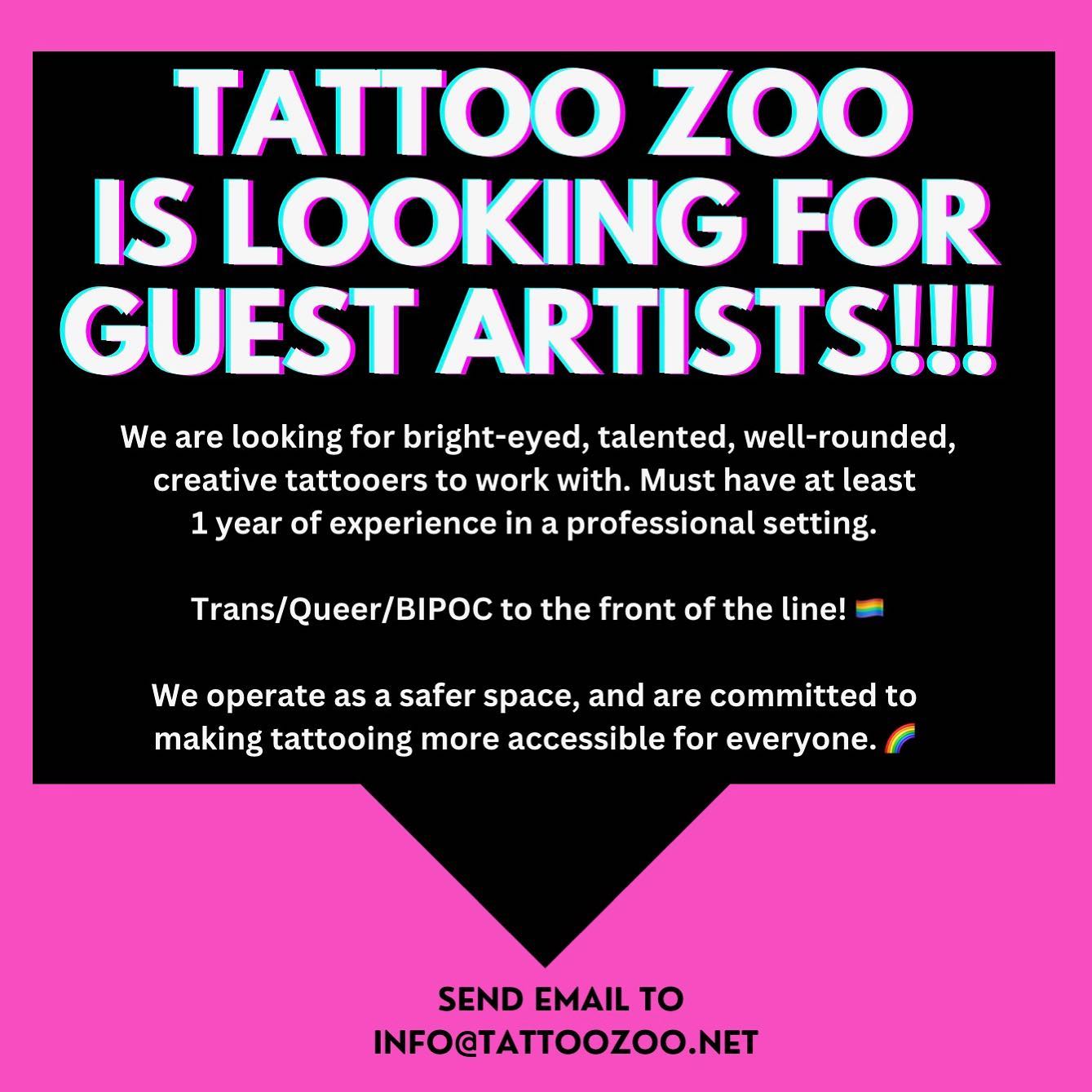 TATTOO ZOO IS LOOKING FOR GUEST ARTISTS!!! We are looking for bright-eyed, talented, well-rounded, creative tattooers to work with. Must have at least 1 year of experience in a professional setting.
Trans/Queer/BIPOC to the front of the line! π³οΈβπ
We operate as a safer space, and are committed to making tattooing more accessible for everyone. π
#yyjtattoo #yyjtattoos #victoriatattoo #victoriabc #VictoriaTattooer #VictoriaTattooArtist #weLOVEtattooingyou